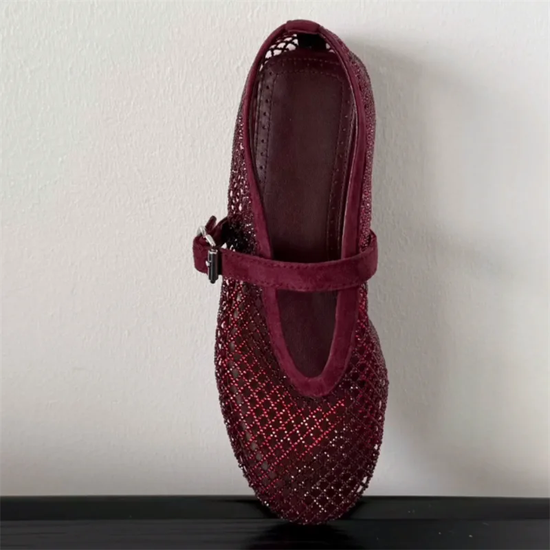 The new ballet flats feature a fishnet upper with subtle embellishments and suede leather. Leather and textile lining rubber sol