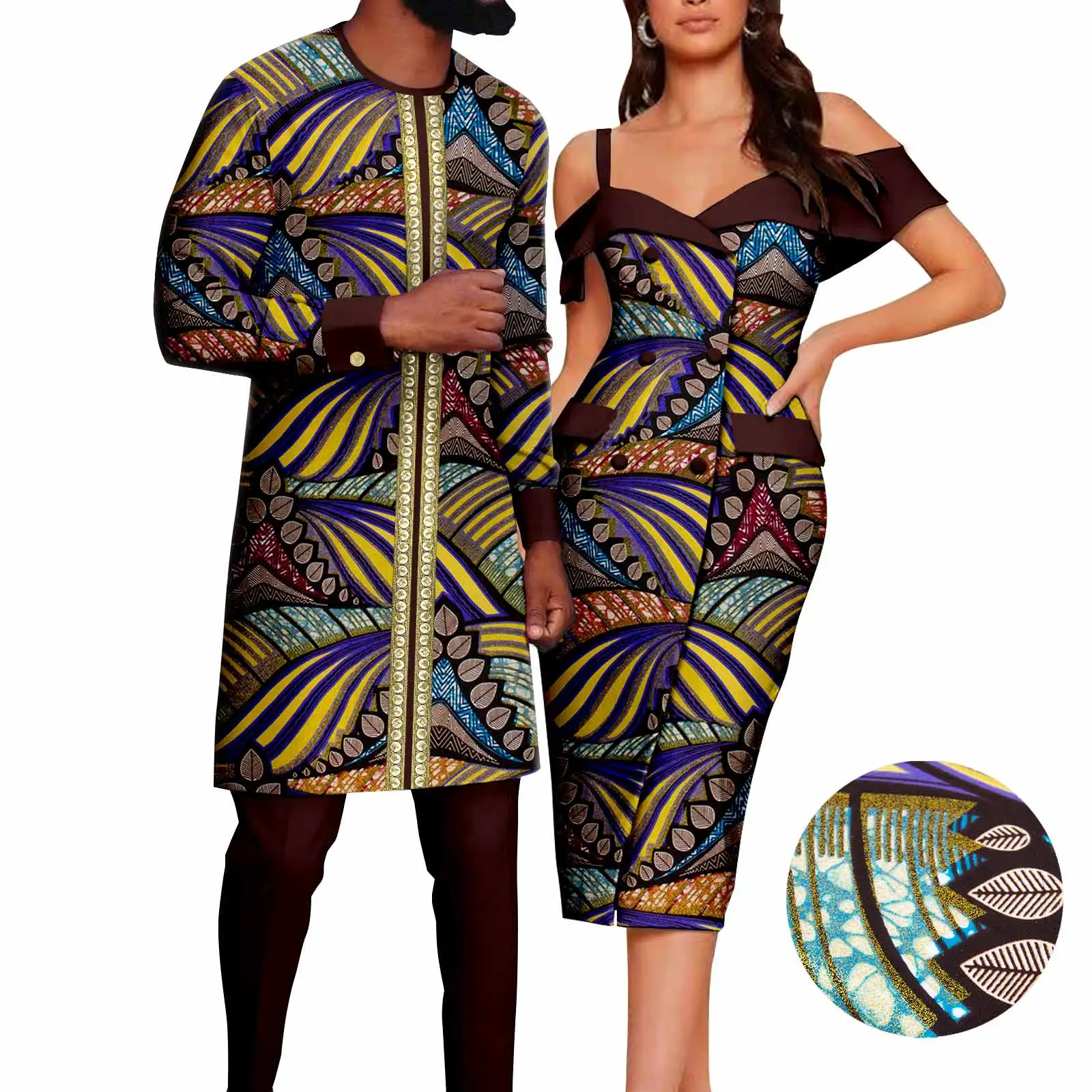 African Print Dresses for Women Matching Couple Clothes Men Outfits Dashiki Top and Pant Sets Bazin Riche Lover Outwear Y23C084