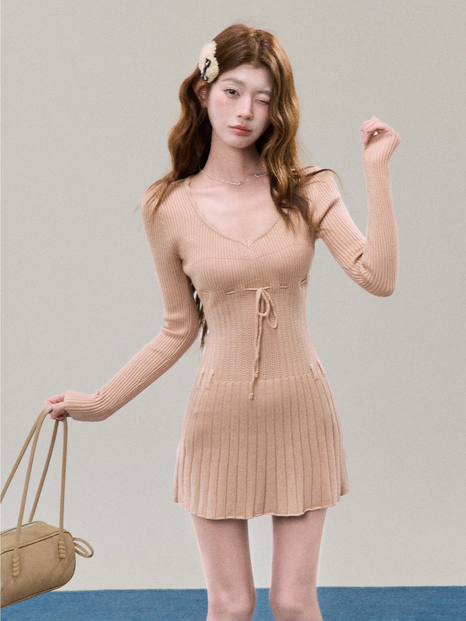 

Swee Knitted Slim Fit Dr Women's Autumn Winter Soft Waist Cinching A-Line Skirt Casual Sle Long Sve V-Ne Warmth