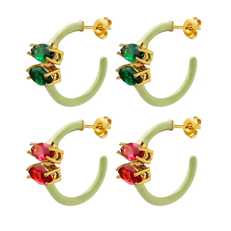 

Sweet little fresh and fashionable titanium steel earrings inlaid with red and green zircon stud earrings