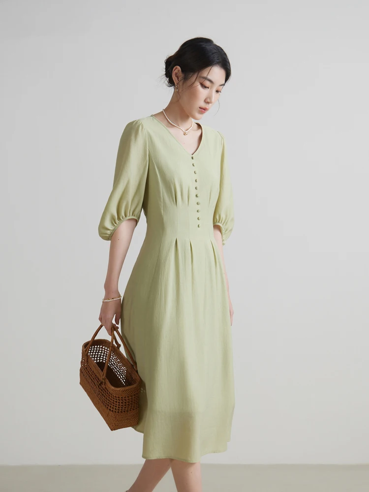 DUSHU French V-neck Elegant Style Dress for Women 2024 Summer New High-waisted Slim A-line Dress for Female 24DS82006