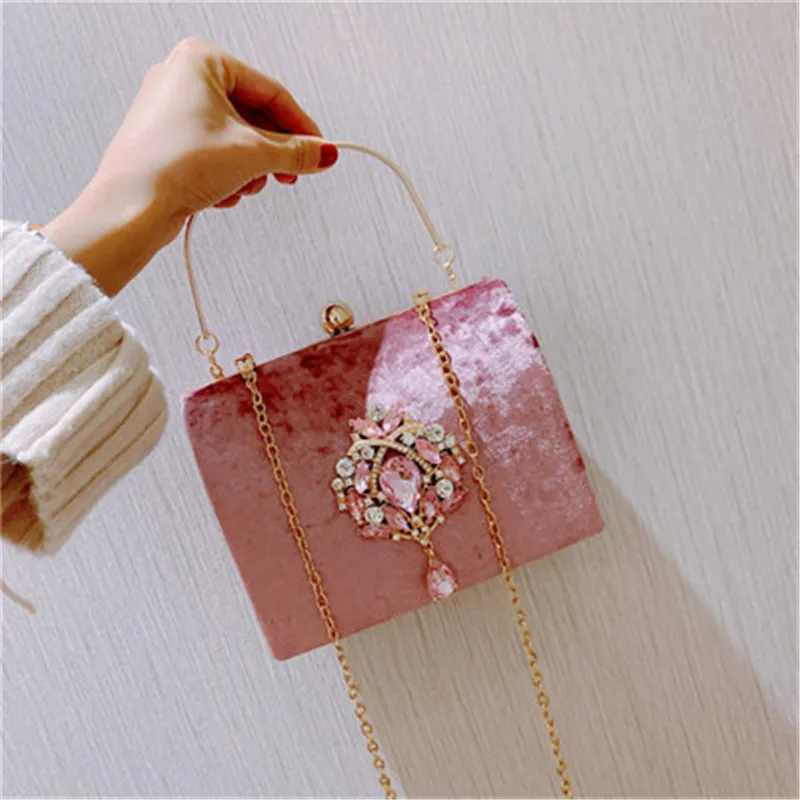 New Luxury Design Boxed Evening Bag Velvet Retro Square Handbag Female Diamond Clutch Bag Gold Wedding Party Purse Drop Shipping