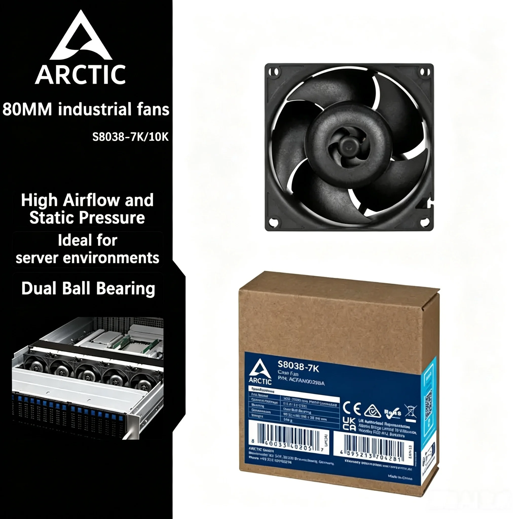 ARCTIC S8038-7K/10K 80mm Industrial Server Fan 500-7000RPM Dual Ball Bearing High Airflow Static Pressure Cooling Fan