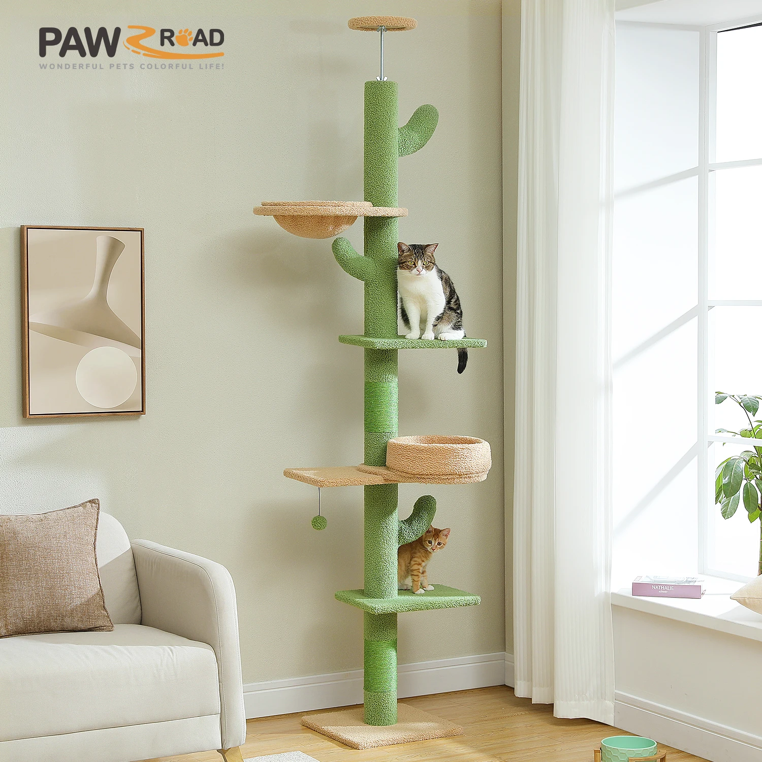 Cactus Cat Tree - Floor-to-Ceiling Adjustable 235cm Max Height 40x40cm Base 5-Level Climbing & Play Tower for Multi-Cat Homes