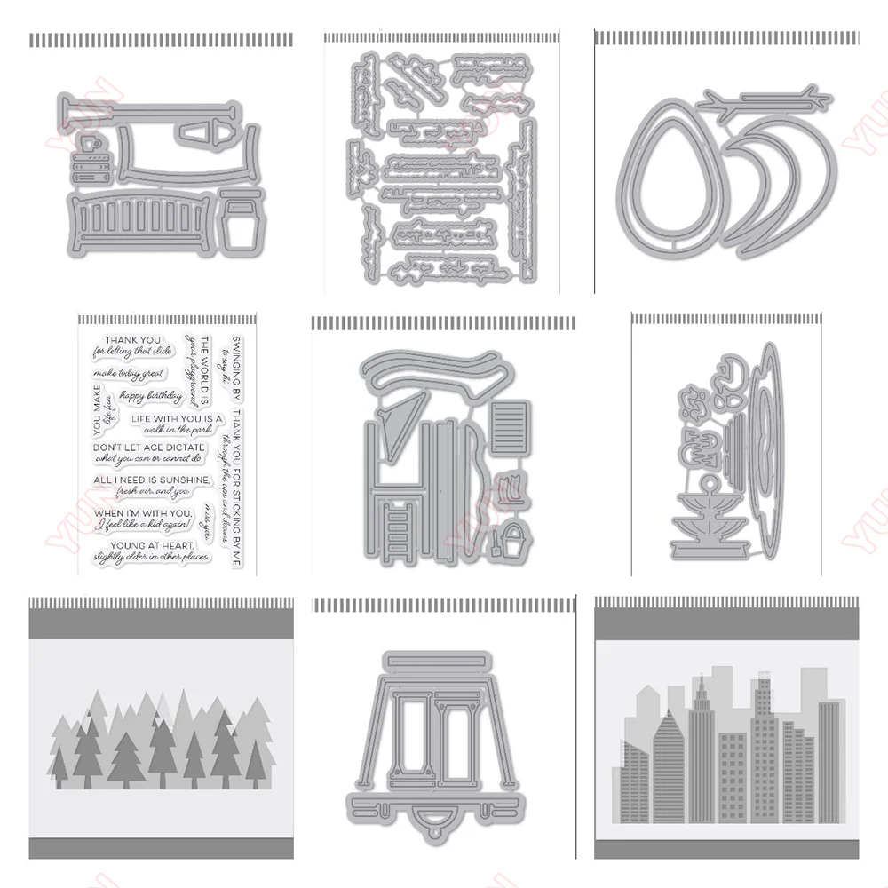 

Two Trees Namics on the Playground Metal Cutting Dies Clear Stamps Layered City Skyline Stencil for Scrapbooking Embossing DIY