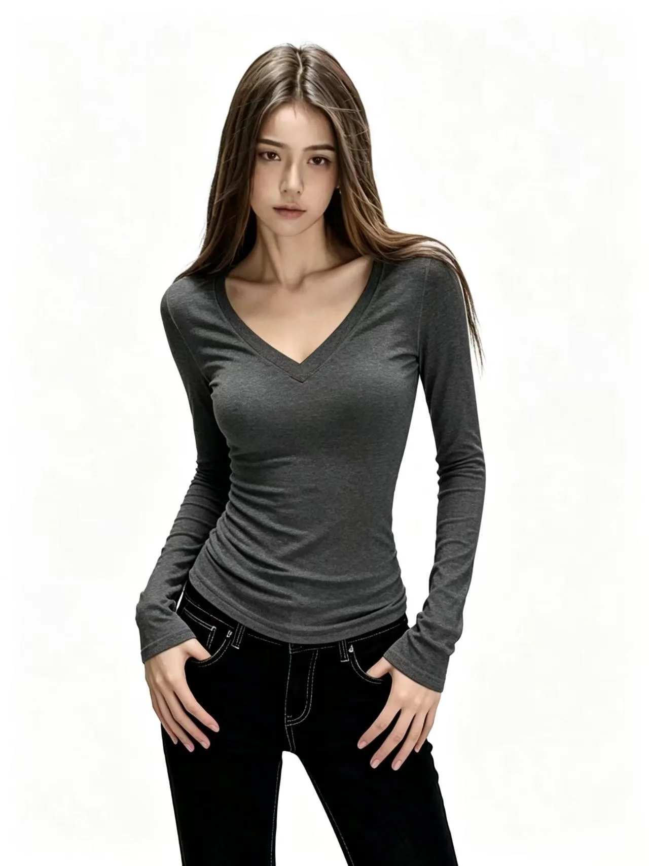 Women's V-Neck Long Sleeve T-Shirt 95 Cotton Base Shirt plus Size Slim Fit Shoulder Appropriate Inner Wear Spring Autumn New ...