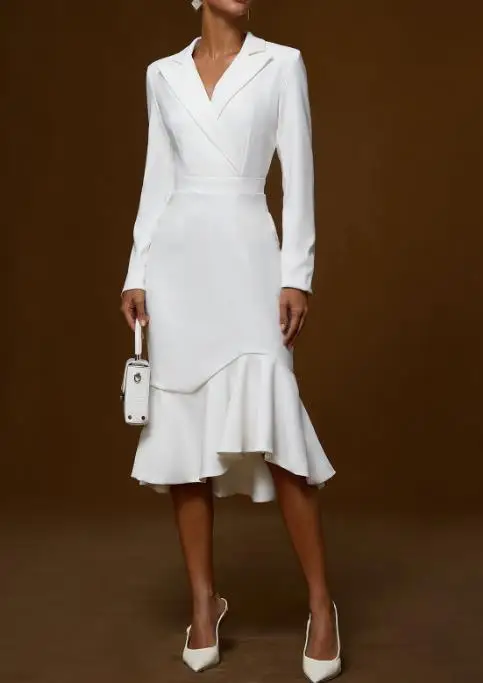 

Autumn Suit Collar Temperament Waist Cinching Slim Fishtail Skirt for Women Elegant Solid Color Lapel Commuting Bag Hip Dress