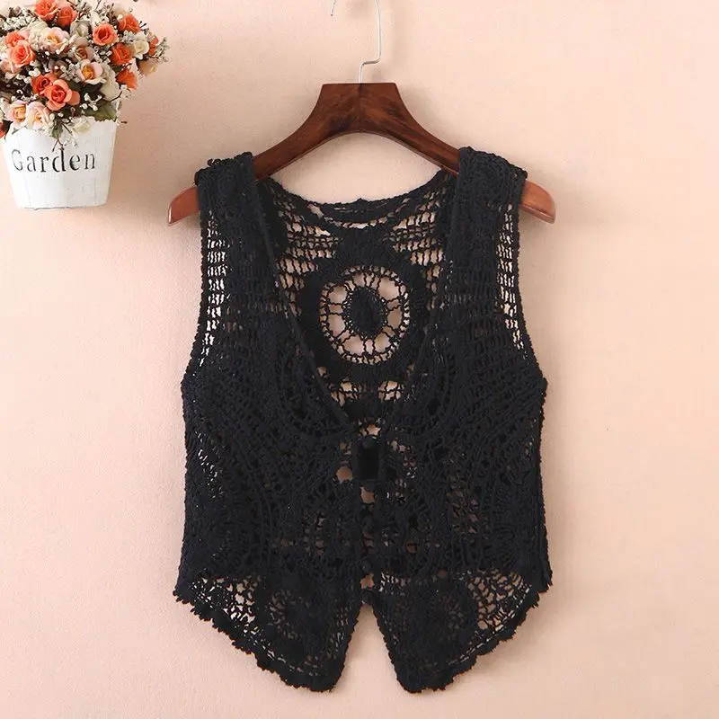 Women All-matching Sleeveless Hollow Out Tank Top Solid Color Knitted Waistcoat Crochet Cardigan Sweater Vest Women Outwear L61