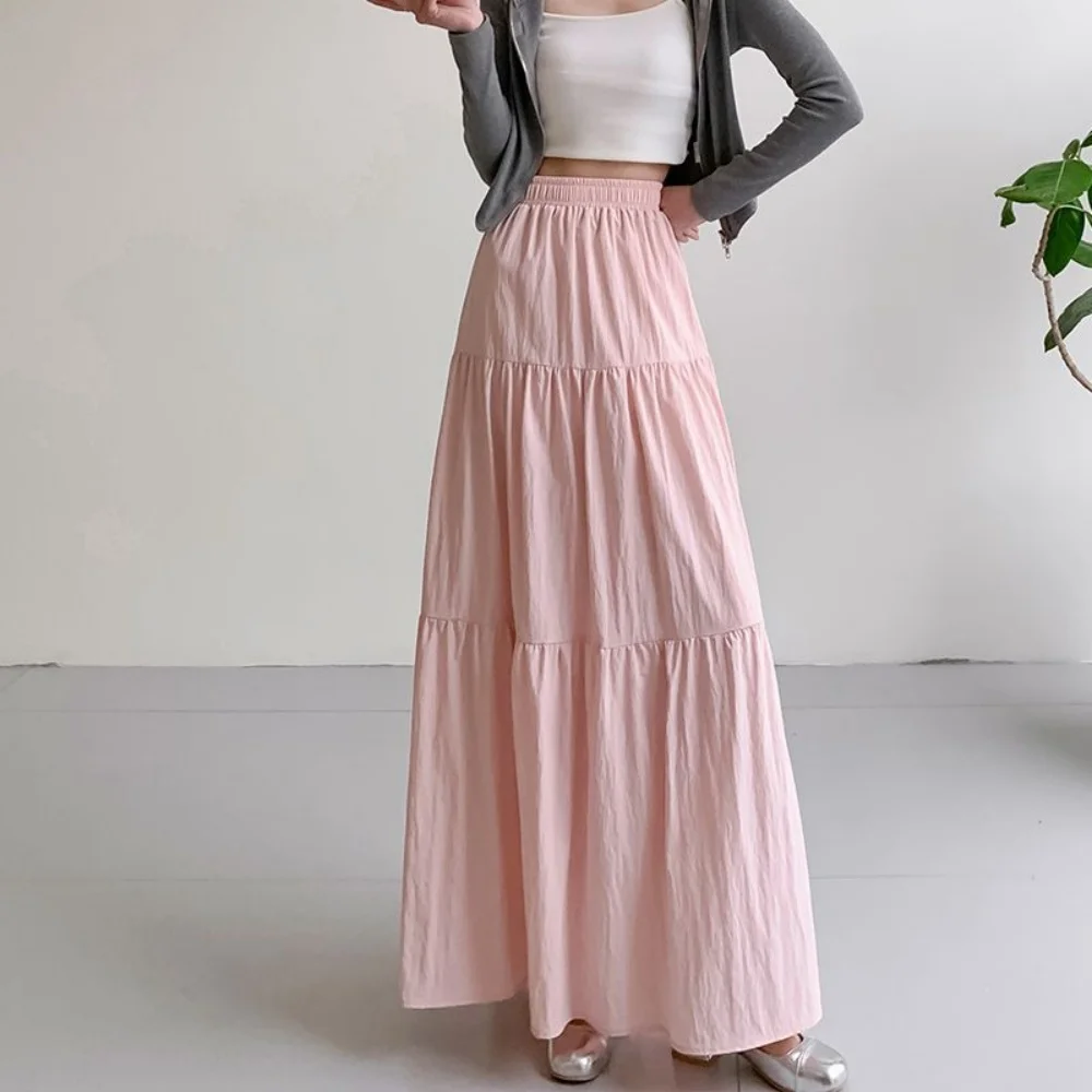 Saia solta dobrável rosa doce elegante cintura elástica a linha saia grande balanço primavera verão casual bolo saia sólida roupas femininas