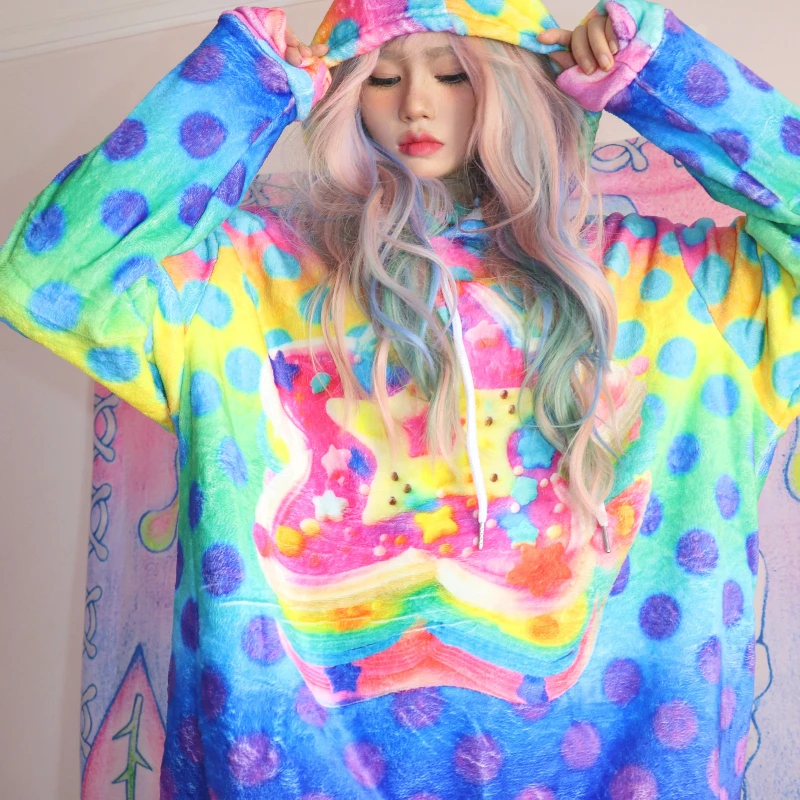 Pakaian Wanita Musim Gugur Musim Dingin 2025 Motif Bintang Warna-warni Desain Asli Polka Dot Y2k Sweatshirt Fleece Longgar Berkerudung untuk Wanita
