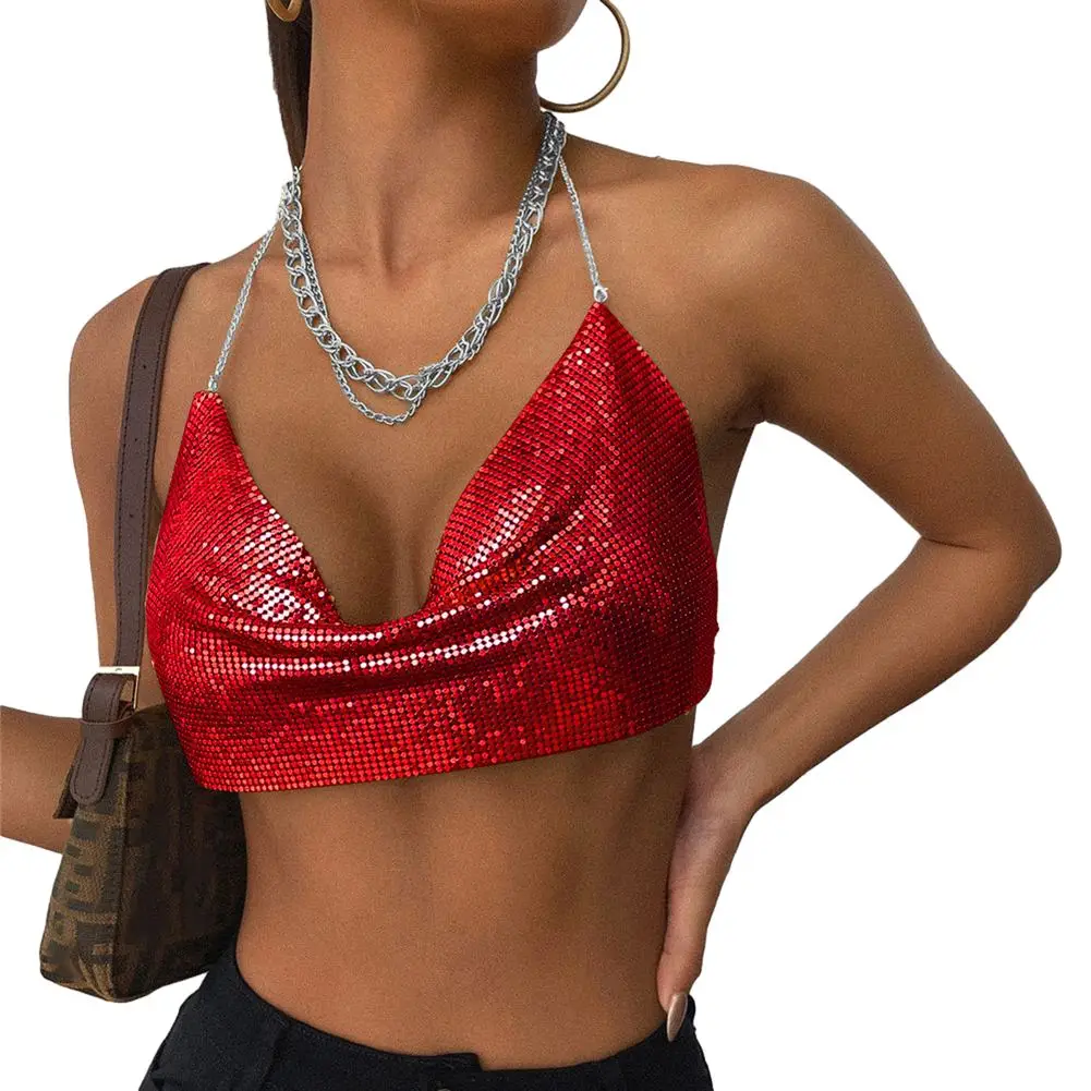 

Affordable Brand New Tank Top Womens Tank Top Backless Cutmetal Chain Deep V Vest Nightclub Suspender For Women