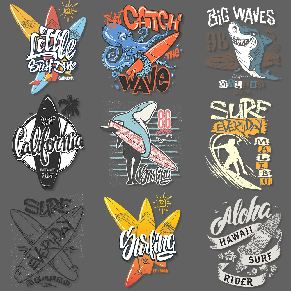 Surfer Club Design Patches Heat Transfers For Clothes Summer Beach Iron on Transfers on Clothing T-shirt DTF Vinyl Stickers DIY