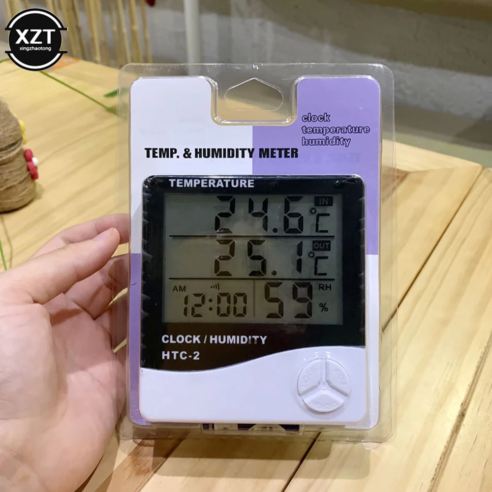 New LCD Electronic Digital Temperature Humidity Meter Indoor Outdoor Thermometer Hygrometer Weather Station Clock HTC-2