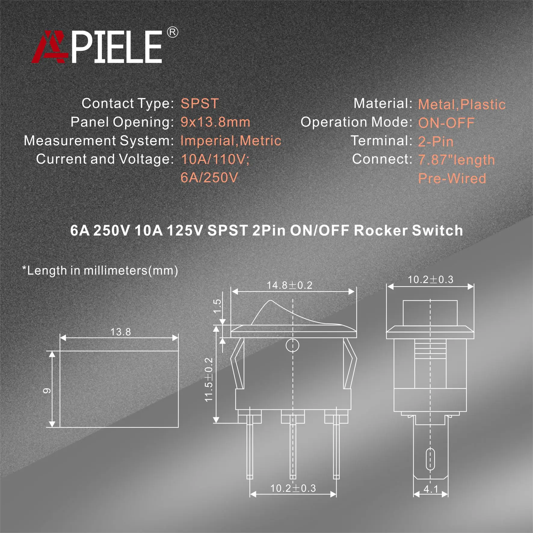 APIELE 5 PCS 2 Position ON-Off Rocker Toggle Switch 20CM Pre-Wired AC 125V/10A, 250V/6A SPST 2 Pins (ON-Off)