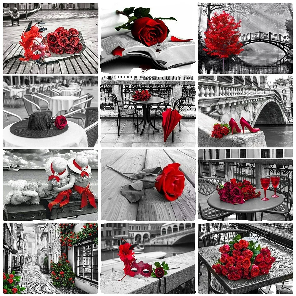 AZQSD 5D Diy Diamond Painting Black Red Landscape Full Round Drill Rhinestones Pictures Embroidery Rose Flower