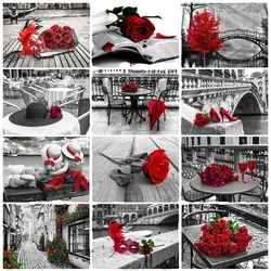 AZQSD 5D Diy Diamond Painting Black Red Landscape Full Round Drill Rhinestones Pictures Embroidery Rose Flower