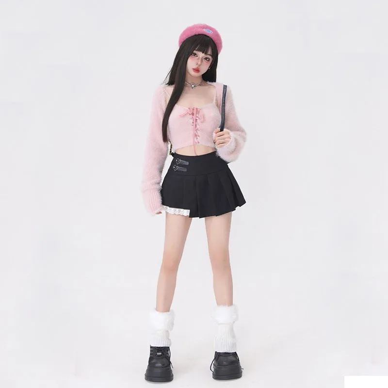 Knitted Pink Set for Women, Long Sleeve, Short Crop, Cardigan, Sleeveless Tank Top, Bandage Y2k Aesthetic T Shirts, Kawaii Fashi