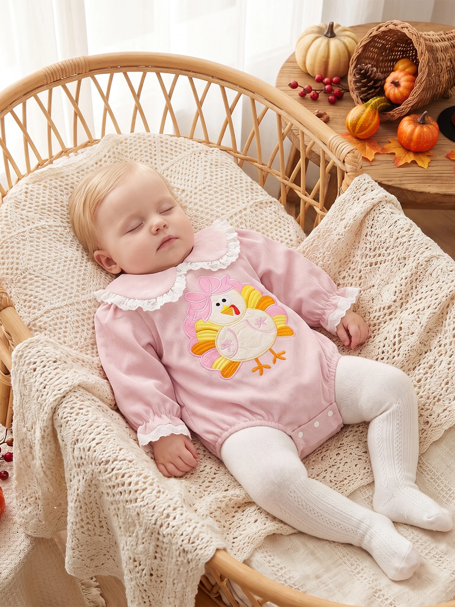 Girl-Thanksgiving Baby Thanksgiving Romper Turkey Doll Collar Fall Baby Girl Thanksgiving Collar-Fall-Bodysuits Embroidery-Doll