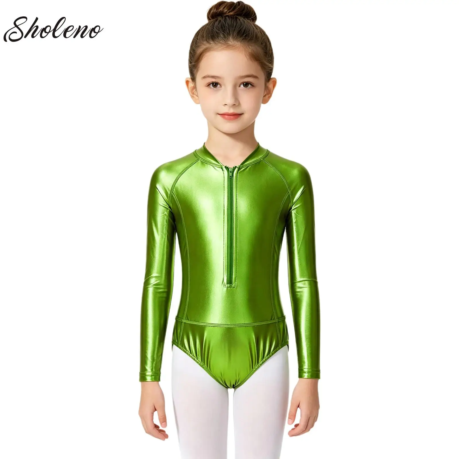 Girls Metallic Acrobatics Jersey Leotards for Gymnastics Kids Long Sleeve Leotard Ballet Dance Wear Team Competition Performance