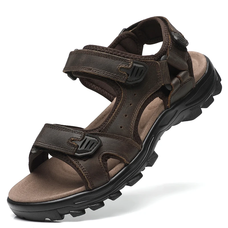First-Layer Cowhide Men's Sports Sandals, Open-Toe Outdoor Non-Slip Sandals, Casual Men's Shoes, Outdoor Fashion Beach Shoes, Light and Comfortable, Can Be Worn by Men and Women, Suitable for Outdoor Hiking, Travel, Wo