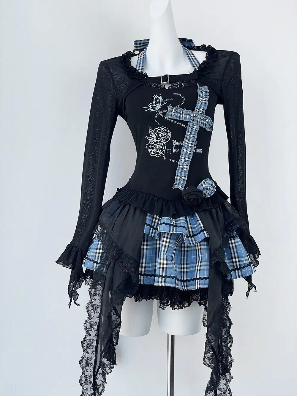 

Y2k Subculture Patchwork Gothic Hot Girl Fashion 2 Piece Set Women Black Blouse Chic Irregular Dress Slim Vintage Suit Summer