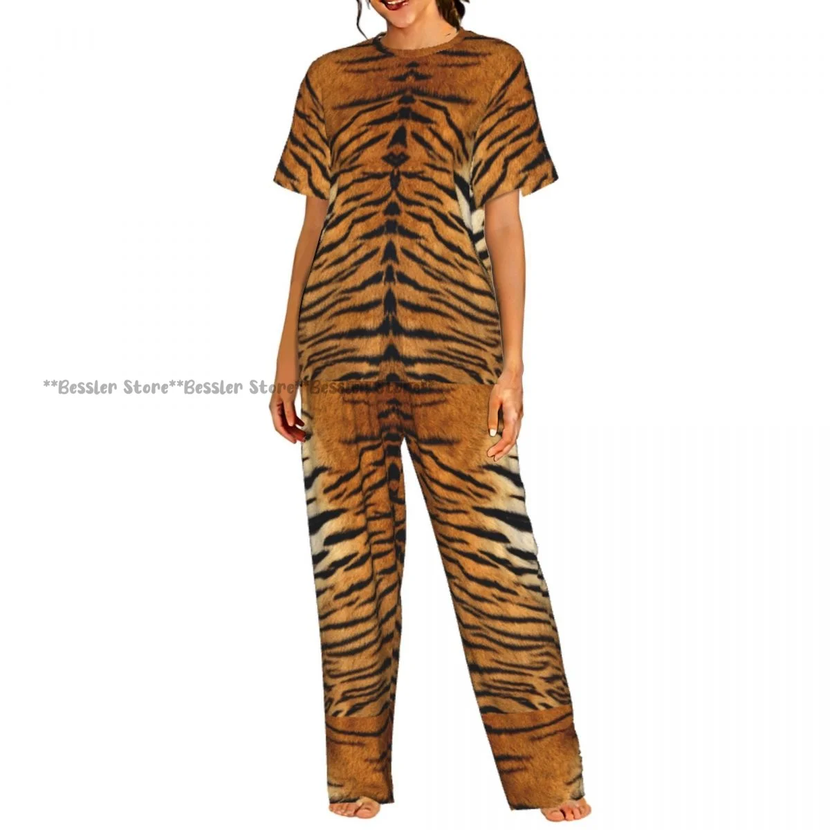 

Women Pajama Sets Lounge Sleepwear Tiger Fur Pattern Short Sleeve Nightwear