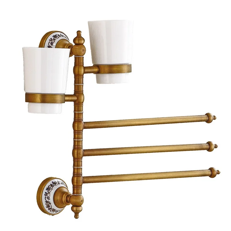 Brass movable towel rack with mouthwash cup holder, multi-purpose bathroom, bathroom, European-style wall hanging, rotating stor