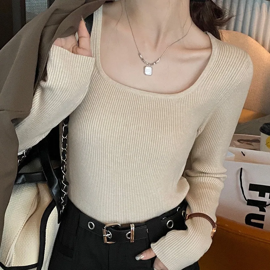 Square Collar Sweater For Women Korean Style Y2k Autumn Winter Long Sleeve Knitted Tops Solid Pull Femme Pullovers Slim Jumper