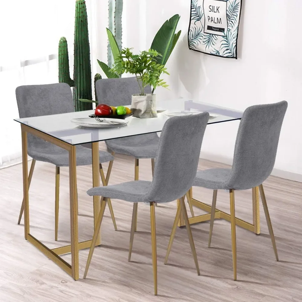 Dining Chairs Set of 4, Pre Assembled Chair Set Upholstered with Gold Legs Modern Fabric for Dining Room, Kitchen