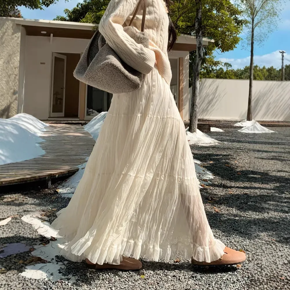 

Mesh Skirt 2026 Spring New High Waist Long Female Korean Elegant High Waist A-line Skirt