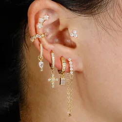 7PCS Stainless Steel Star Cross Chain Hoop Earrings Set For Women Cubic Zirconia Punk Pendant Cartilage Earring Piercing Jewelry