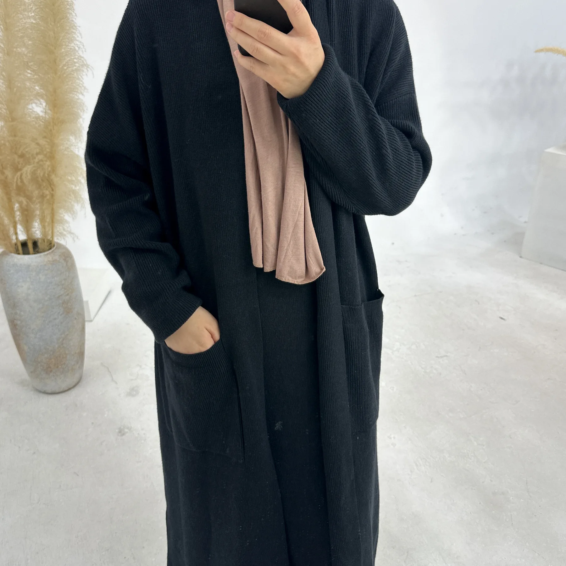 Women Knitted Open Kimono Abaya Cardigan Sweater Coat Long Dress Set Suit Muslim Islamic Clothing Outfits Kaftan Jalabiya Arab