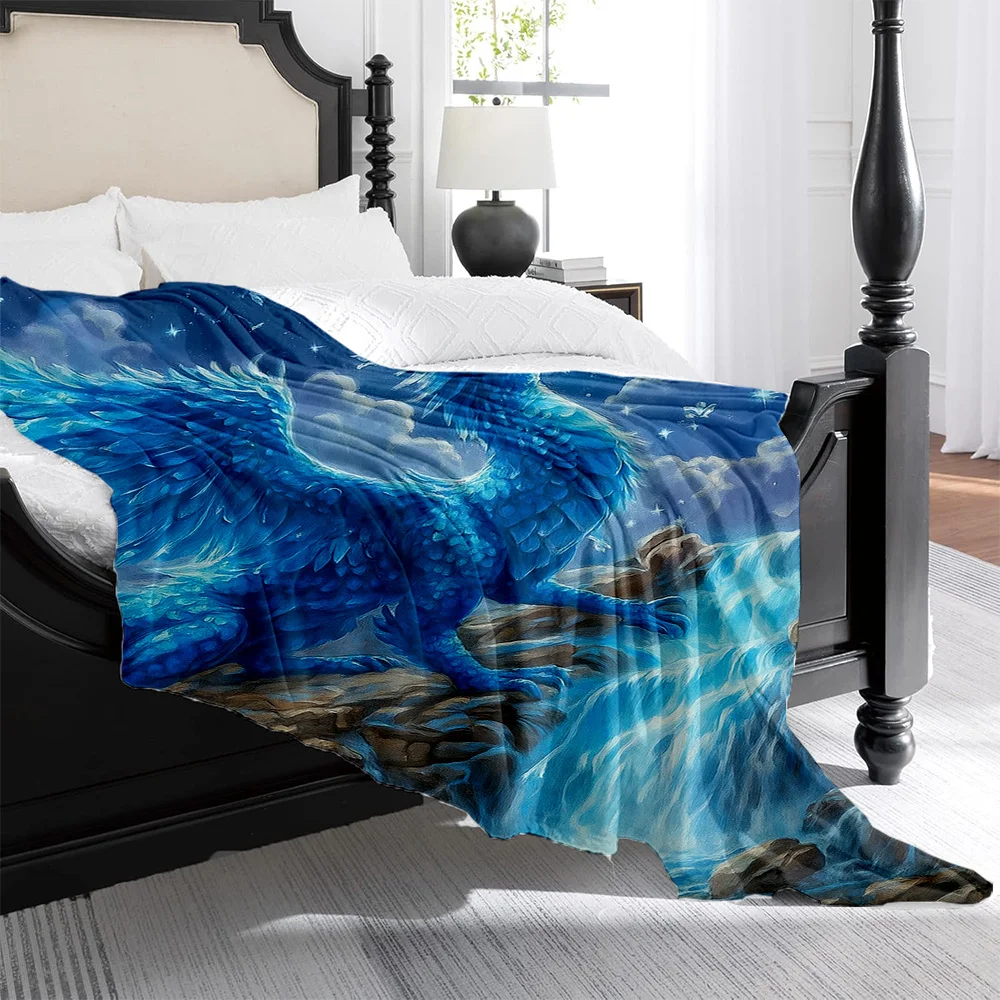 1pc Blue Dragon & Starry Night Plush Fleece Blanket - Blue/Golden Scales & Glowing Dragon Print, Thick All-Season Bedspread for