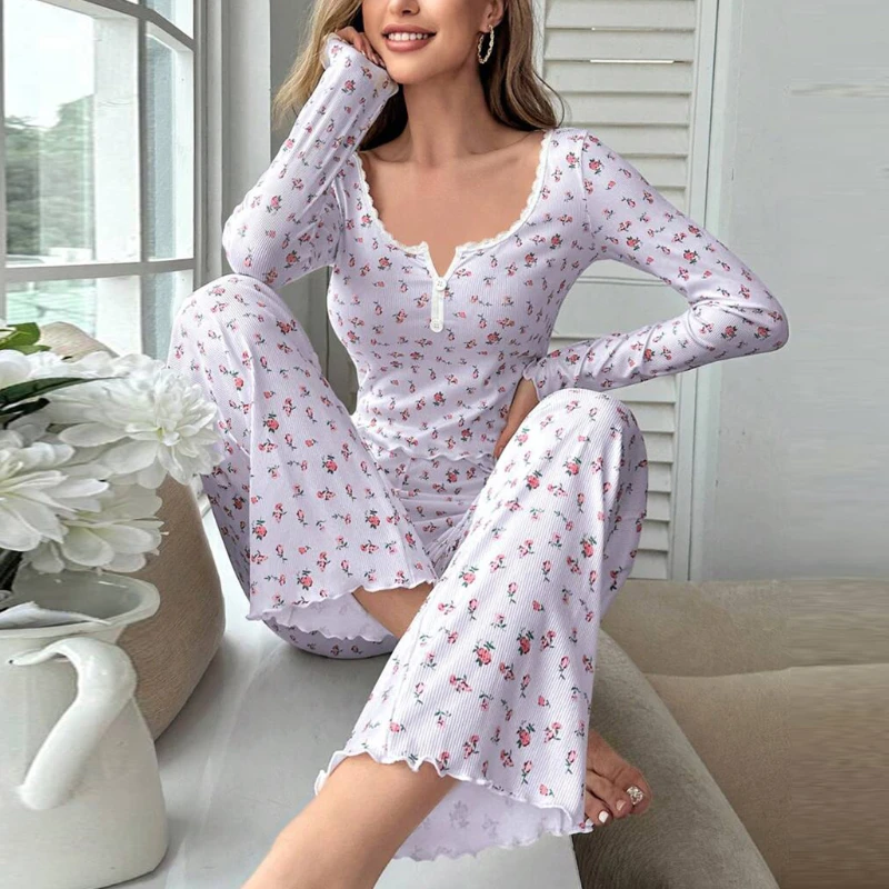 Europe and the United States style autumn and winter home wear sexy casual fashion long sleeve trousers pajamas 2 sets of women