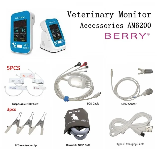 BERRY AM6200 Monitor weterynaryjny Kabel EKG Zacisk elektrody EKG Czujnik SpO2 Mankiet NIBP wielokrotnego użytku Rurka NIBP Akcesoria do monitorów