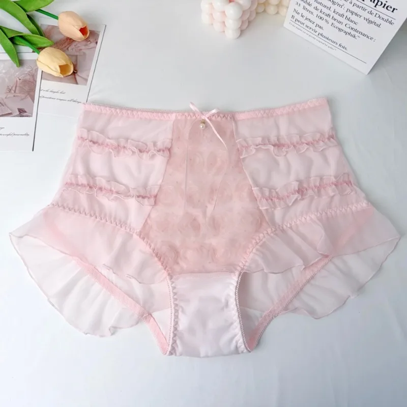 3XL Plus Size Women Sexy Mesh Flowers Underwear High Waist Transparent Breathable Elasticity Lolita Cute Sweety Panties Breifs