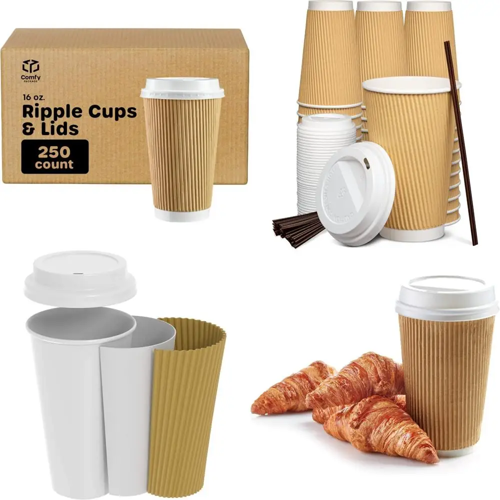 

Изолированные одноразовые кофейные чашки с крышками - 250 шт., 16 унций, бумажные стаканчики из крафт-бумаги, идеально подходят для горячих напитков