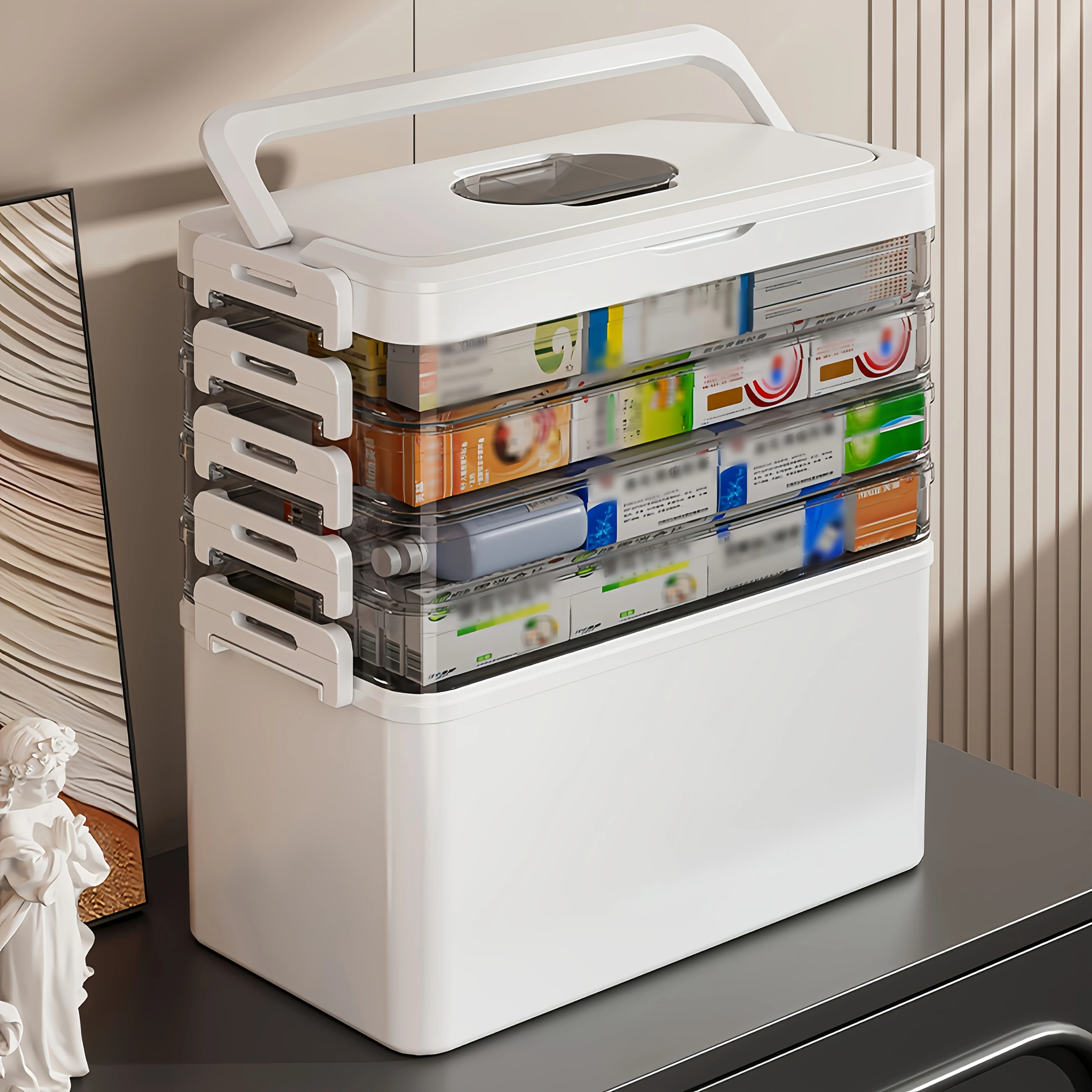 Large Capacity Multi-Layer Transparent Medicine Storage Box/Top Compartment with Dispenser - Multi-Purpose Organizer Box for Home, Office, Kitchen, Bathroom, Bedroom - Space-Saving Countertop Organizer for Medicines, Office Supplies - Modern White Design, Medicine Storage Box, Home Storage, Modern Design, Sturdy Structure, Home Organization Supplies, Back-To-School, Travel Carry-On