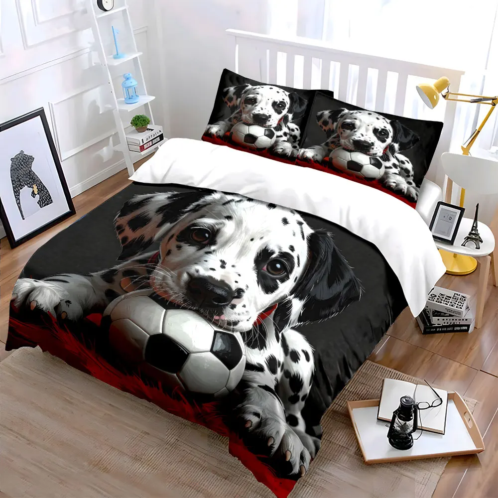 Dalmatian Puppy with Soccer Ball Print Bedding Set 1 Duvet Cover 2 Pillowcases for Adult and Children Luxury Gift Full Size