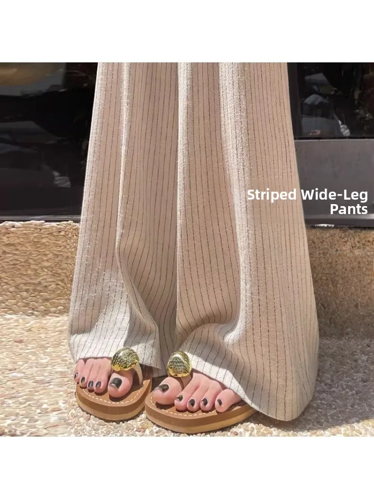 

Japanese Style Striped Cotton Linen Pants Women Summer plus Size Small Taller Lazy Draping Casual Linen Wide Leg Pants