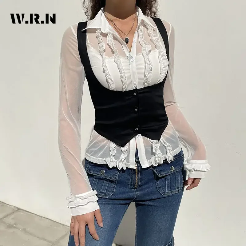 

Весна Gyaru 2022, сексуальные повседневные модные футболки с длинными рукавами, милые женские футболки в клубном стиле, лоскутные футболки с кокеткой, топы