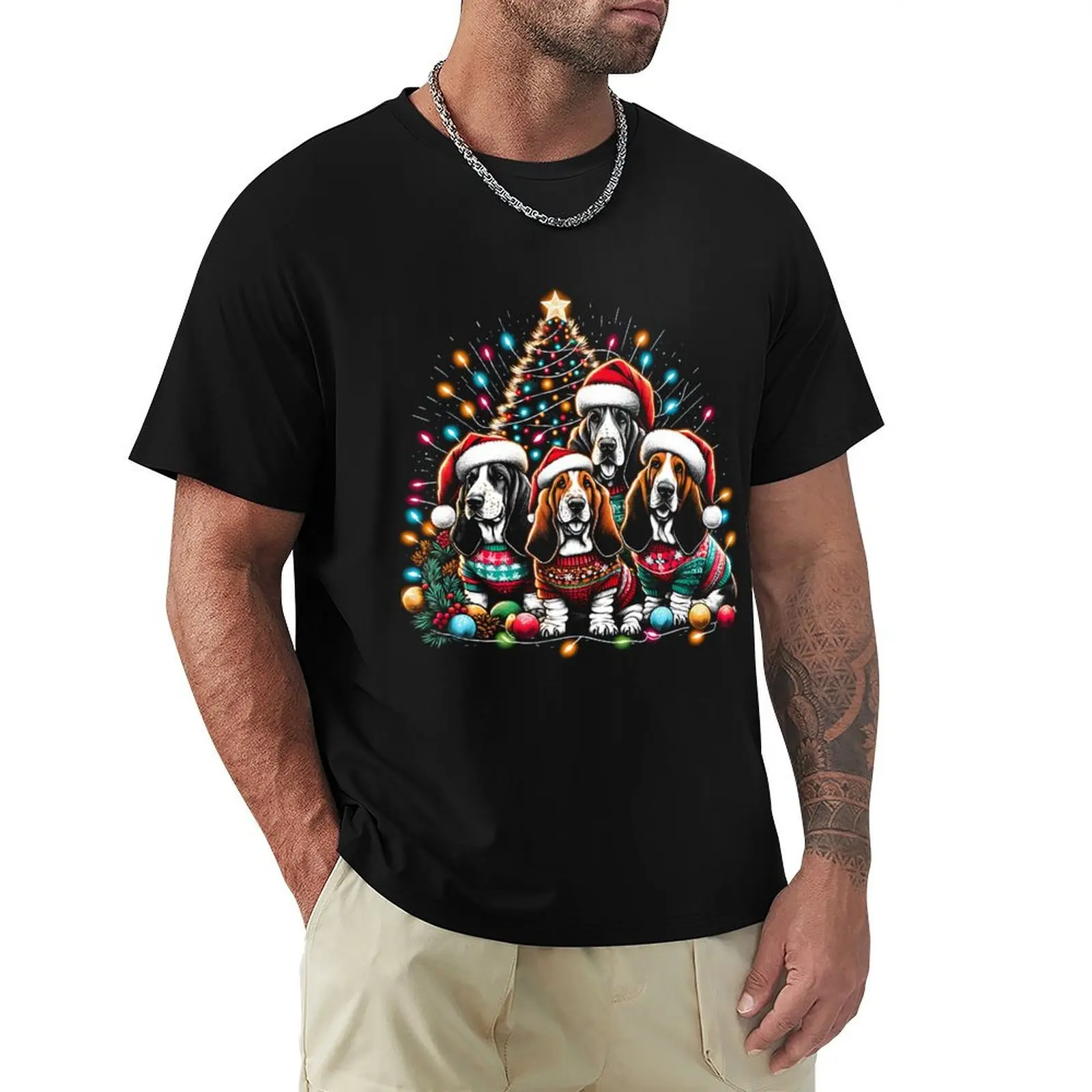 Basset Hound Dog Family Light Vintage Christmas Ugly Sweater Santa's Hat Xmas T-Shirt Work Daily Short Sleeve Top