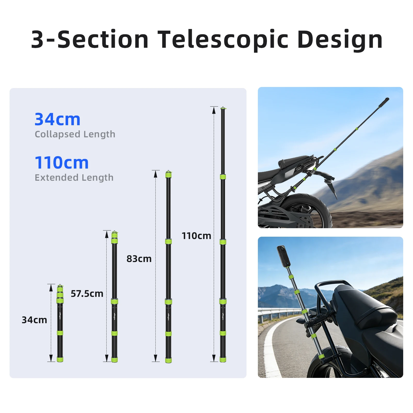 aMagisn For GoPro / DJI / Insta360 Professional Motorcycle Selfie Stick 34cm - 110cm Metal Pole 1/4 Thread Pole Convertible