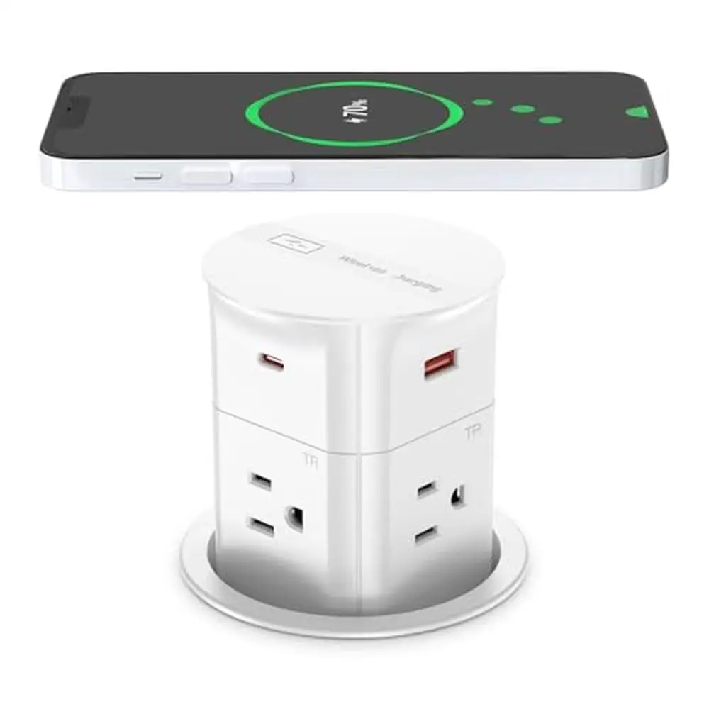 Retractable Countertop Outlet with Wireless Charger 20W Power Delivery Surge Protection 4 AC Outlets