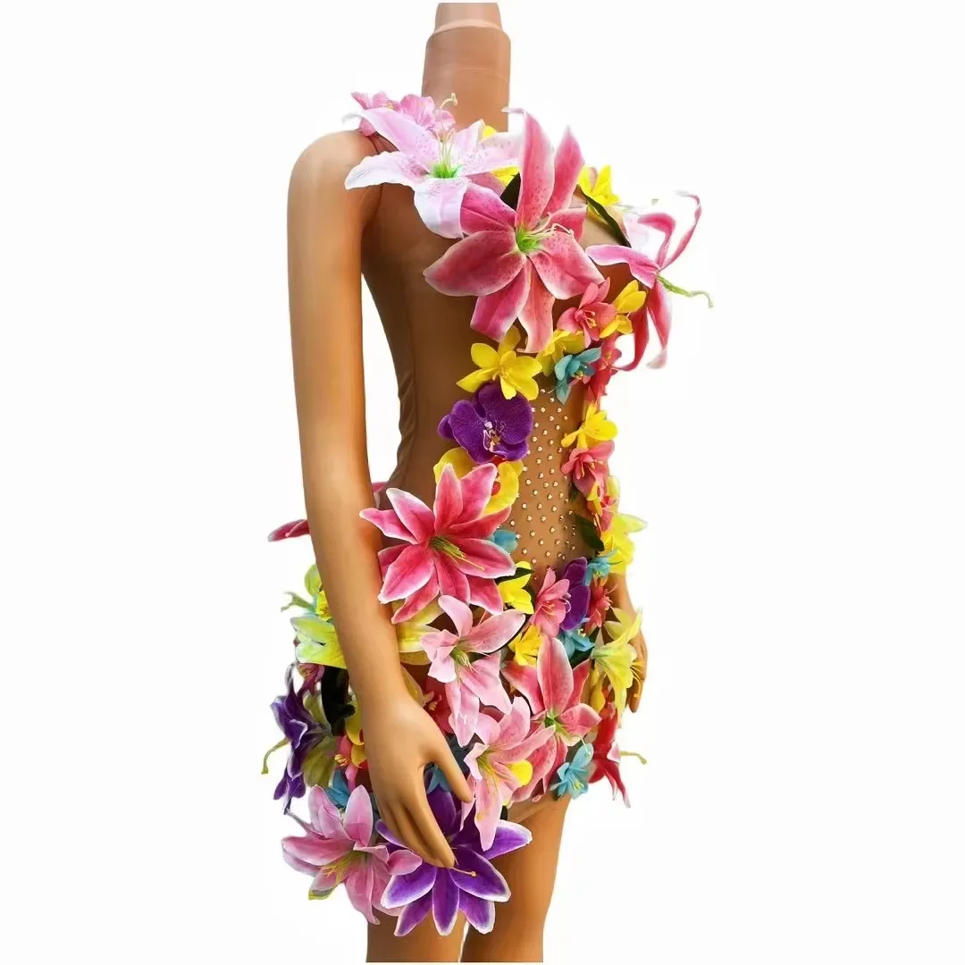 Bloemen Strass Mesh Jurk Bruiloft Verjaardag Vieren Mouwloze Zangeres Danser Doorzichtige Fotoshoot Outfit