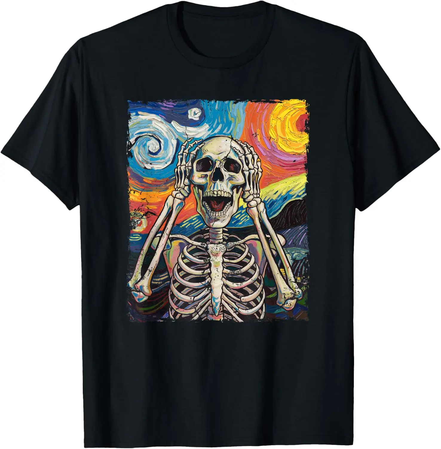 Skulls Starry Night Skeleton Painting Halloween Men Women T-Shirt The Nightmare Before Christmas Halloween Vintage Scary Christmas Costume Retro Vintage Portrait T-Shirt Funny Gothic Aesthetic 100% Contton