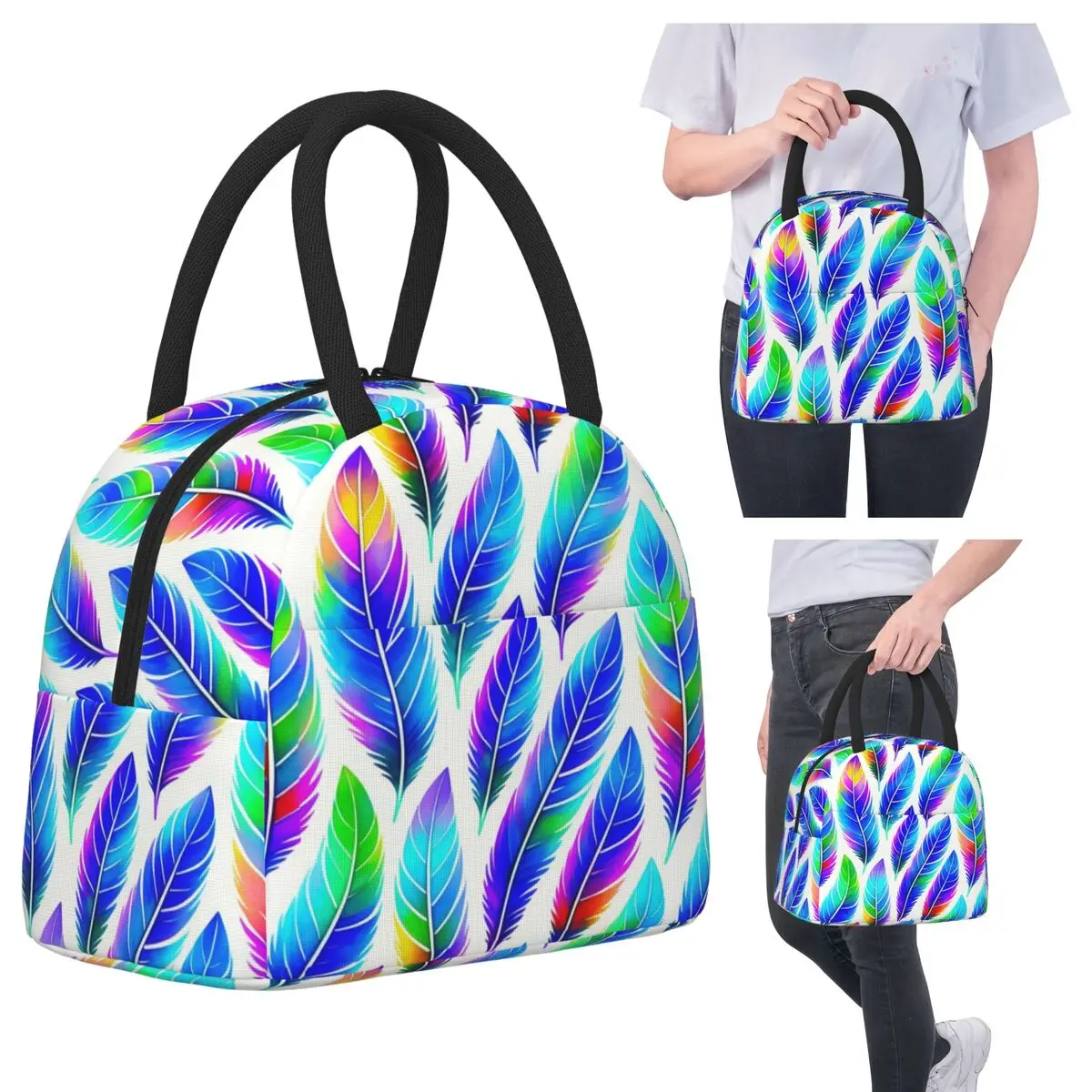 

Multicolor Feather Watercolor Painting Insulated Lunch Bag for Women Office Cooler Thermal Food Box Tote Leakproof Lunch Boxes