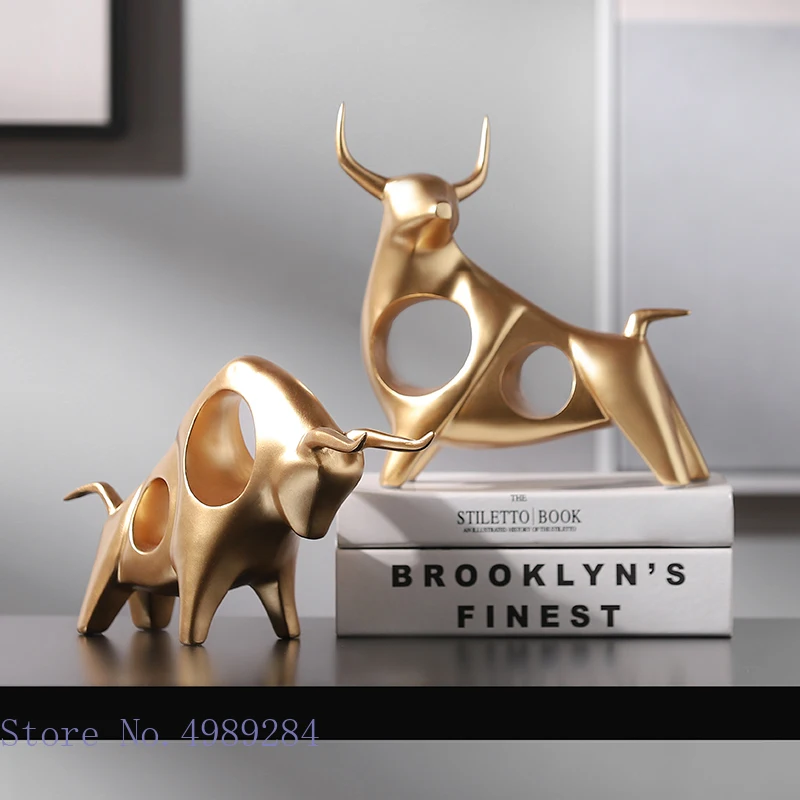 Creative Resin Animal Sculpture Abstract Simulation Cattle Bull Statue Golden Hollow Modern Home Decoration Accessories European