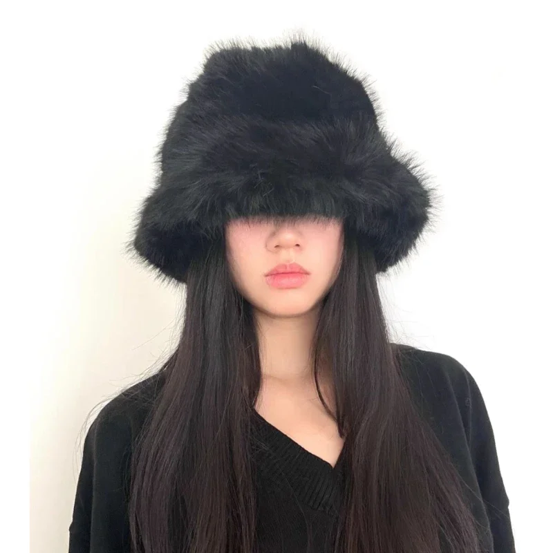 2023 y2k Fluffy Faux Fur Bucket Hat Women Rabbit Fur Warm Thick Plush Winter Hat Lady Luxury Fashion Furry Panama Fisherman Cap