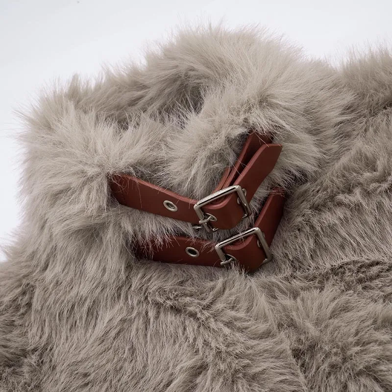 2025 Fall Winter Faux Fur Jackets Vests Women Fashion Metal PU Leather Buckle Turn Down Collar Sleeveless Zipper Short Coats